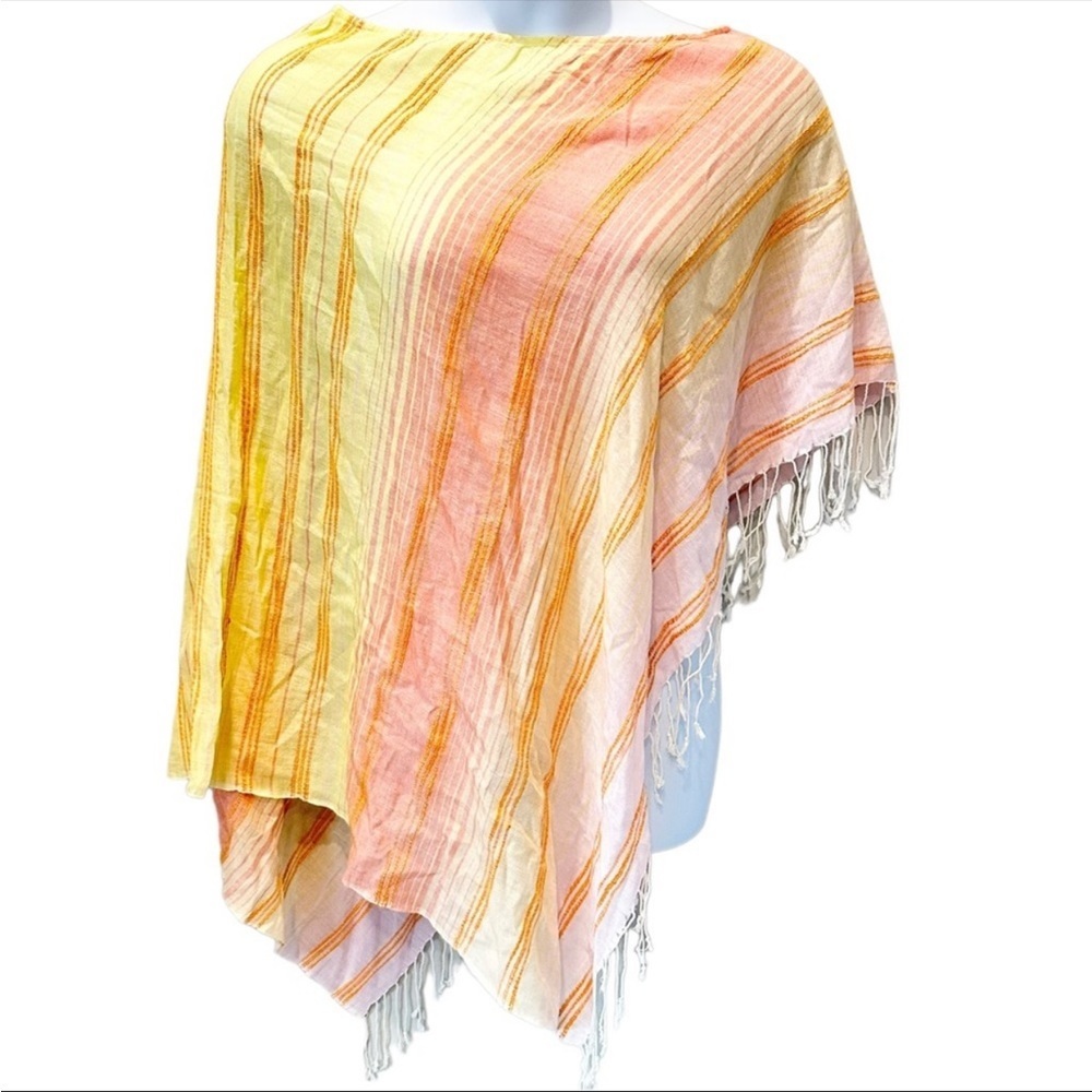 Echo Sunset Striped Fringed Swimsuit Beach Coverup Poncho One Size